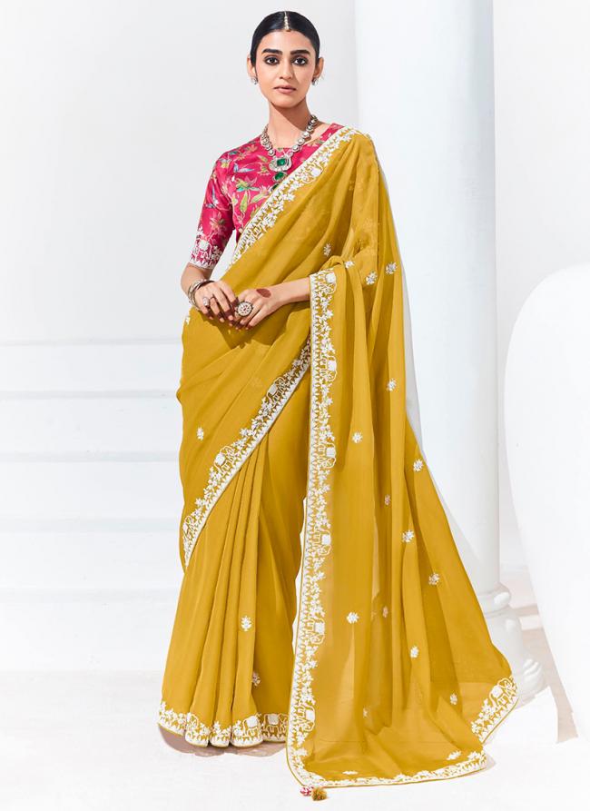 Organza Mustard Traditional Wear Embroidery Work Saree